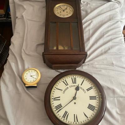 Three Vintage Clocks: Wall, Mantel, and Alarm