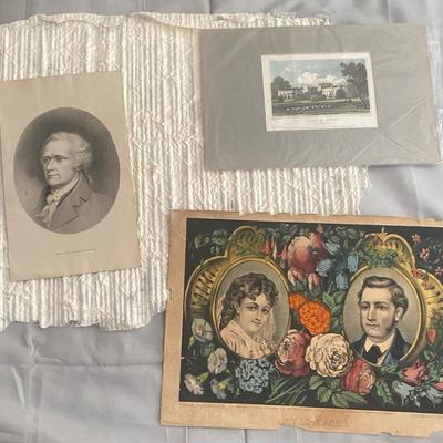 Three Vintage Prints, A Victorian-Era Portrait, Hampton Court Lithograph, & Floral Artwork