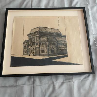 Framed Architectural Pencil Sketch of a Gothic-Inspired Building