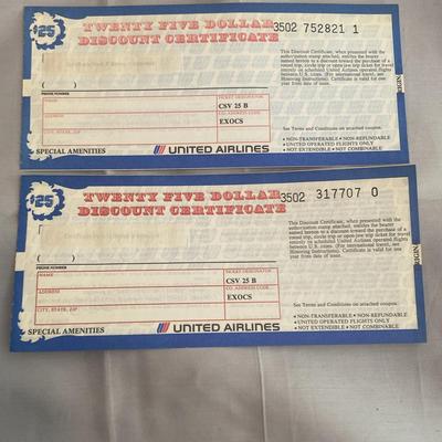 Pair of Vintage United Airlines $25 Discount Certificates – Collectible Airline Ephemera