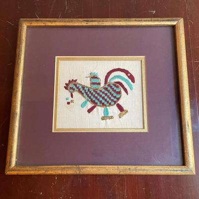 Framed Hand-Stitched Textile Art Featuring a Stylized Rooster