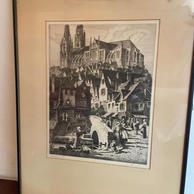 Framed Etching of Chartres Cathedral, France by Andrew Karoly