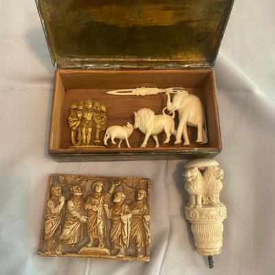 Carved Figures, Relief Panel, and Decorative Box