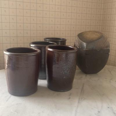 Four Turgis Stamped Ceramic Tumblers and Lidded Vessel