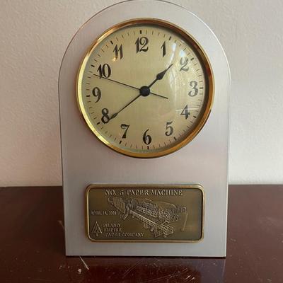 Desk Clock with Brass Plaque Commemorating No. 5 Paper Machine by Inland Empire Paper Company