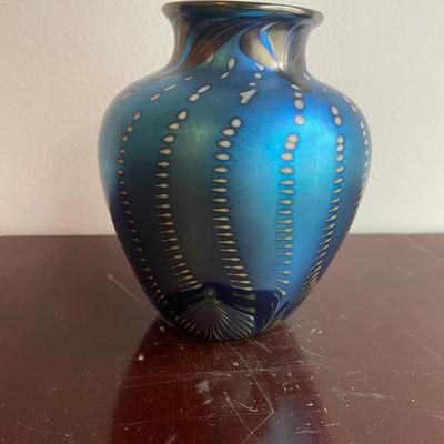 Iridescent Blue Art Glass Vase with Pulled Feather Motif Signed by Orient and Flume