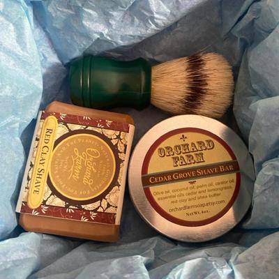 Orchard Farm Shaving Kit with Cedar Grove Shave Bar, Red Clay Bar, and Shaving Brush