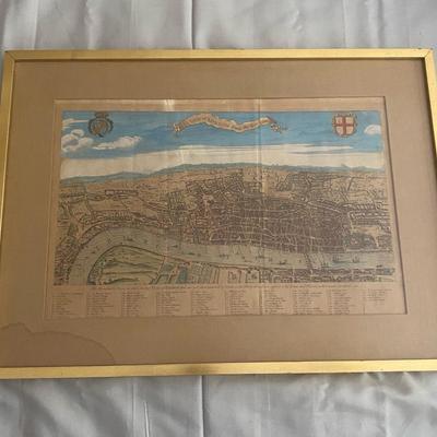 Framed Hand-Colored London City Map Reproduction with Matte and Gold Frame