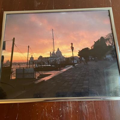 Framed Sunset Harbor Photograph with Metal Border