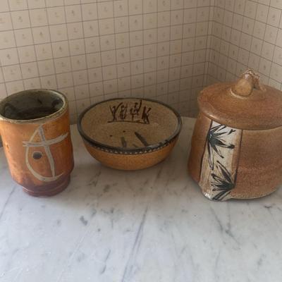 Three Handcrafted Ceramic Pieces, Including Lidded Jar, Bowl, and Cup