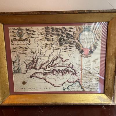 Framed Map of Virginia and Maryland with Hand-Colored Detailing