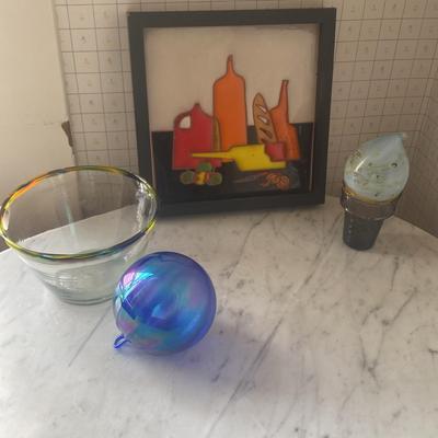 Framed Still Life Artwork, Iridescent Glass Ornament, Glass Bowl, and Glass Ice Cream Cone Sculpture