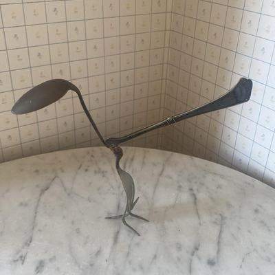 Metal Bird Sculpture with Long Beak on a Marble Base