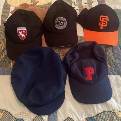 Five Baseball Caps with Embroidered Logos and Manufacturer Labels