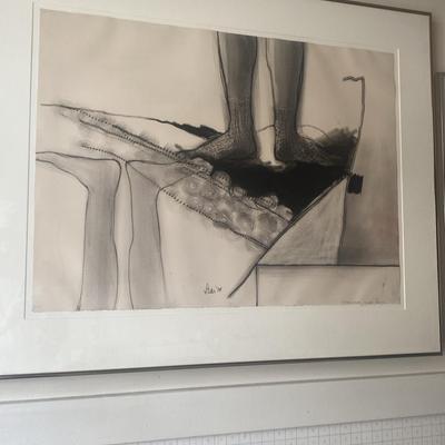 Framed Surreal Charcoal Artwork – Sock-Clad Feet on Textured Surface, Signed by Artist