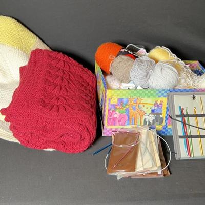 Two Crochet Throw Blankets And Yarn Stash With Tools