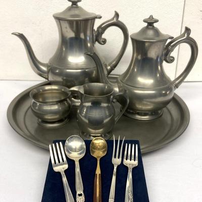 Woodbury Pewter Coffee Set and Mini Forks Spoons