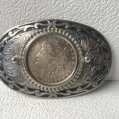 1921 S Morgan Silver Dollar Coin Belt Buckle, Antique