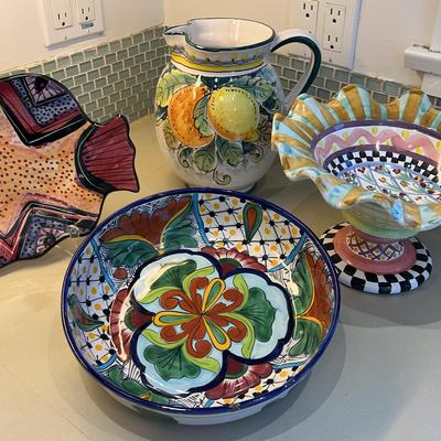 Handpainted Ceramic Bowls and Pitcher, 4 Pcs