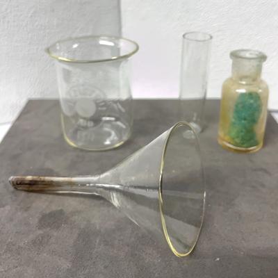 Antique Apothecary Pharmaceutical Beaker, Cylinder, Funnel, and Bottle Glassware, 4 Pcs