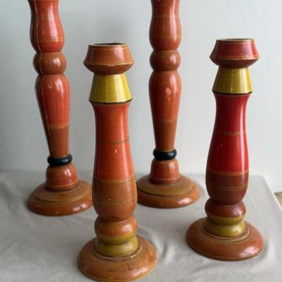 Vintage Brightly-Painted Wood Candlesticks, 4 Pcs