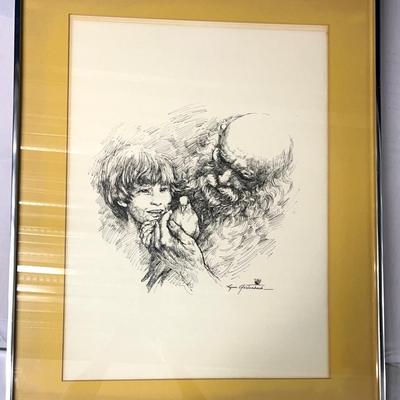 “Grandfather & Grandson Holding a Dove" by Lynn Gertenbach, Framed Print | Rare Collectible