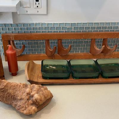 Dansk Starter Tray, Wood Hook Rack, Wood Candle Holder - Vintage