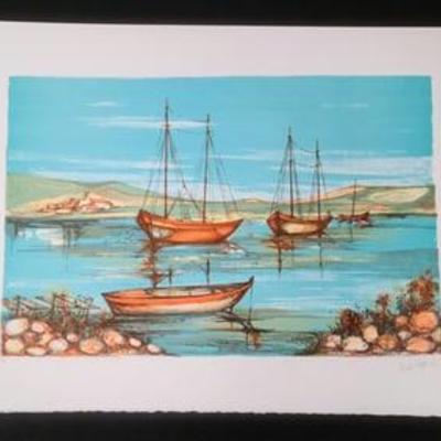 Boats on the Water Signed by Jeanin Kostia Blancheteau Artist Proof