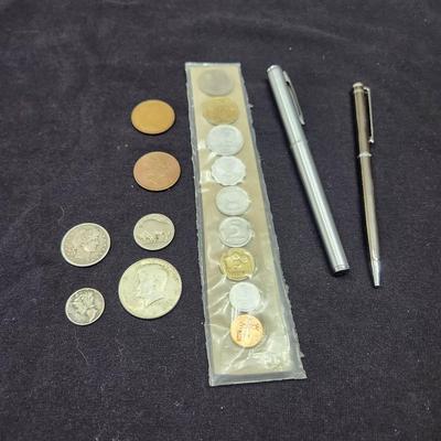 Foreign Coins, American Coins And Pens