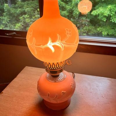 Vintage Pink Frosted Glass Hurricane Lamp - Floral Vine Design, Working Light
