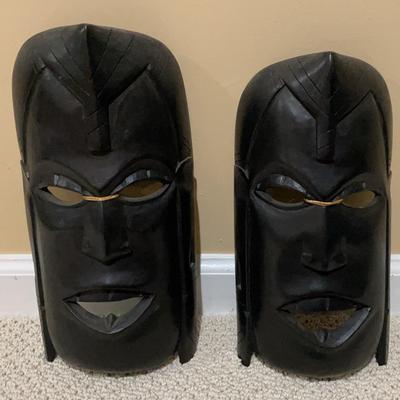 Pair of Black Wood Carved Masks Wall Decor