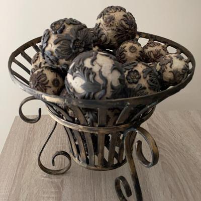 Decorative Metal Basket with Carved Resin Balls