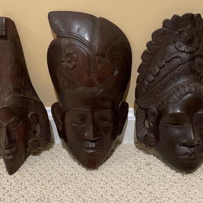Trio of Hand Carved Wood Kenyan & Indonesian Masks Wall Decor