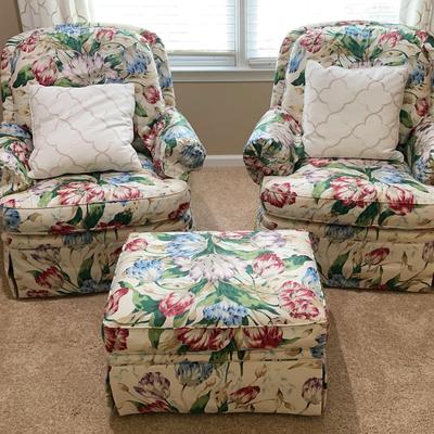 Pair of Upholstered Jessica Charles Floral Pattern Swivel Rocker Chairs With Ottoman