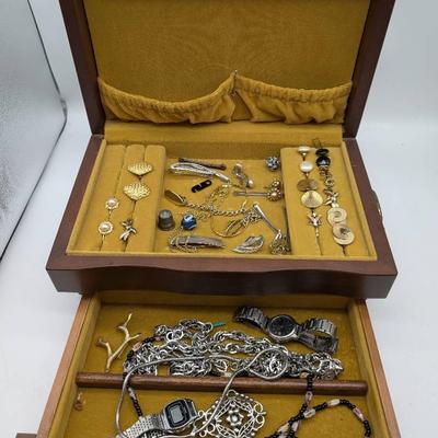 Wood Dresser Top Jewelry Box & Contents 