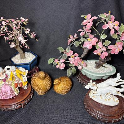 Carved Glass Bonsai Trees, Figurines, Paire Of Partridge