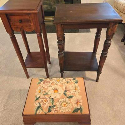 Pier One Table, Vintage Stand, Needlepoint Footstool 