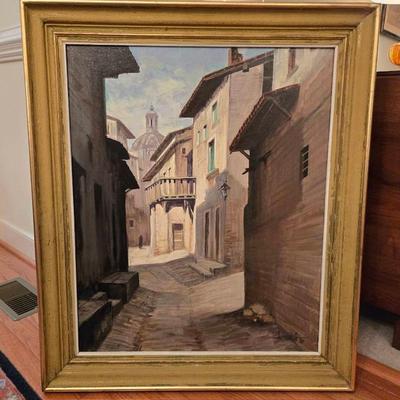 Signed Original Vintage Art Painting Old City Scene