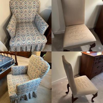 2 Vintage Chairs: Trapunto Seat And Skirted Arm Chair 