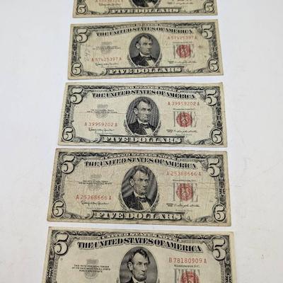 Five Red Seal $5 US Notes