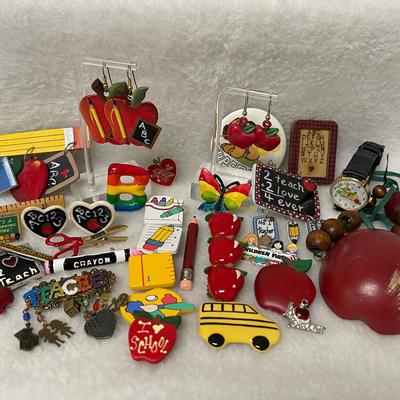 Large Assortment of Teacher Themed Jewelry 