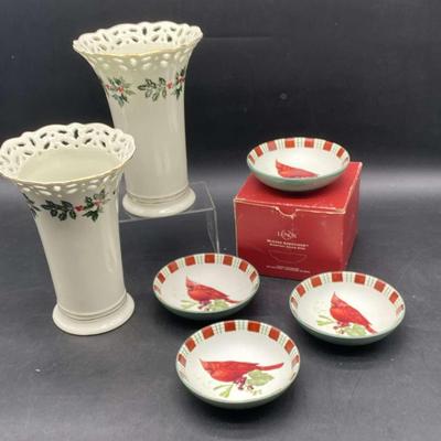 (4) Lenox Cardinal Sauce Dishes and (2) Holiday Vases