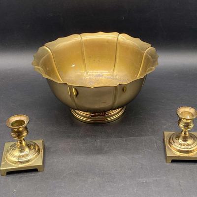 Vintage Polished Brass Bowl & Candlesticks