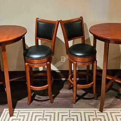 Set of Two High-Top Bistro Tables with Swivel Bar Stools (4 Chairs)