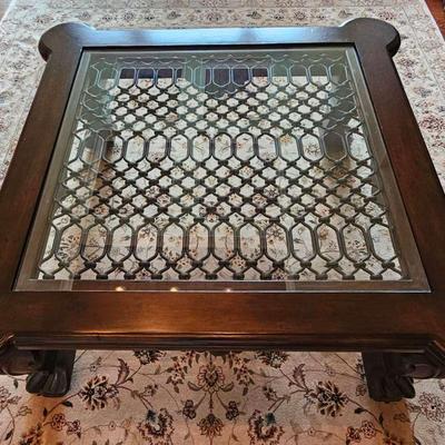 Ornately Carved Wood & Glass-Inset Coffee Table