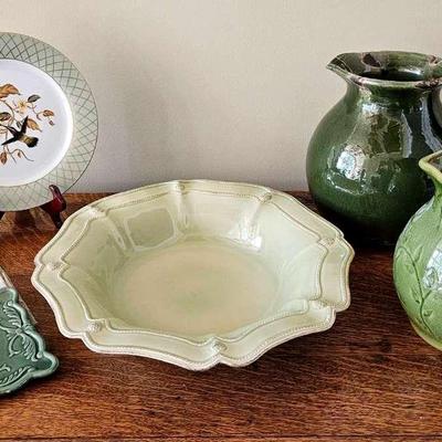 Juliska Bowl, Green Pottery Pitchers & Floral Accents