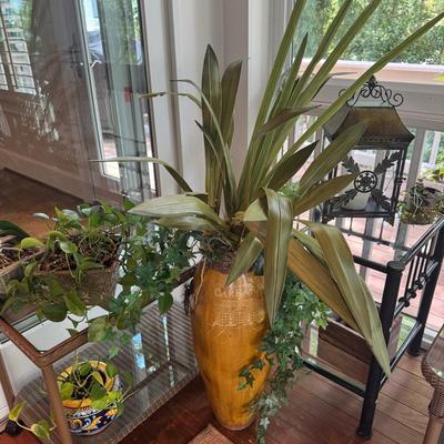 Iron Table, Faux Plants, Lanterns & Massa Carrara Planter