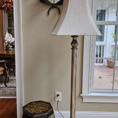 Floor Lamp with Suede Shade, Mirrored Leaf Wall Accent, and Painted Drum Stool