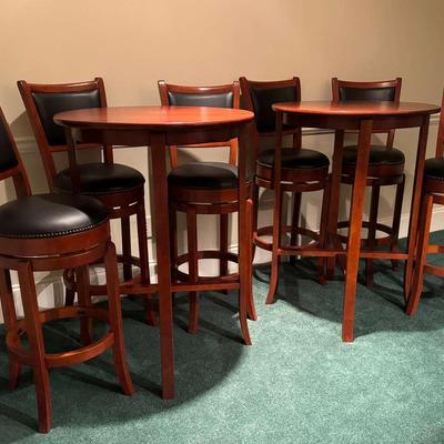 Set of Two High-Top Bistro Tables with Swivel Bar Stools (6 Chairs)