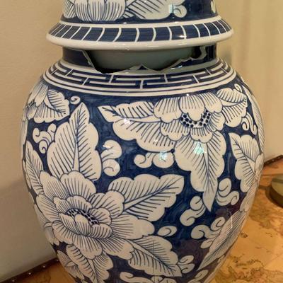 Blue and White Floral Porcelain Ginger Jar with Lid